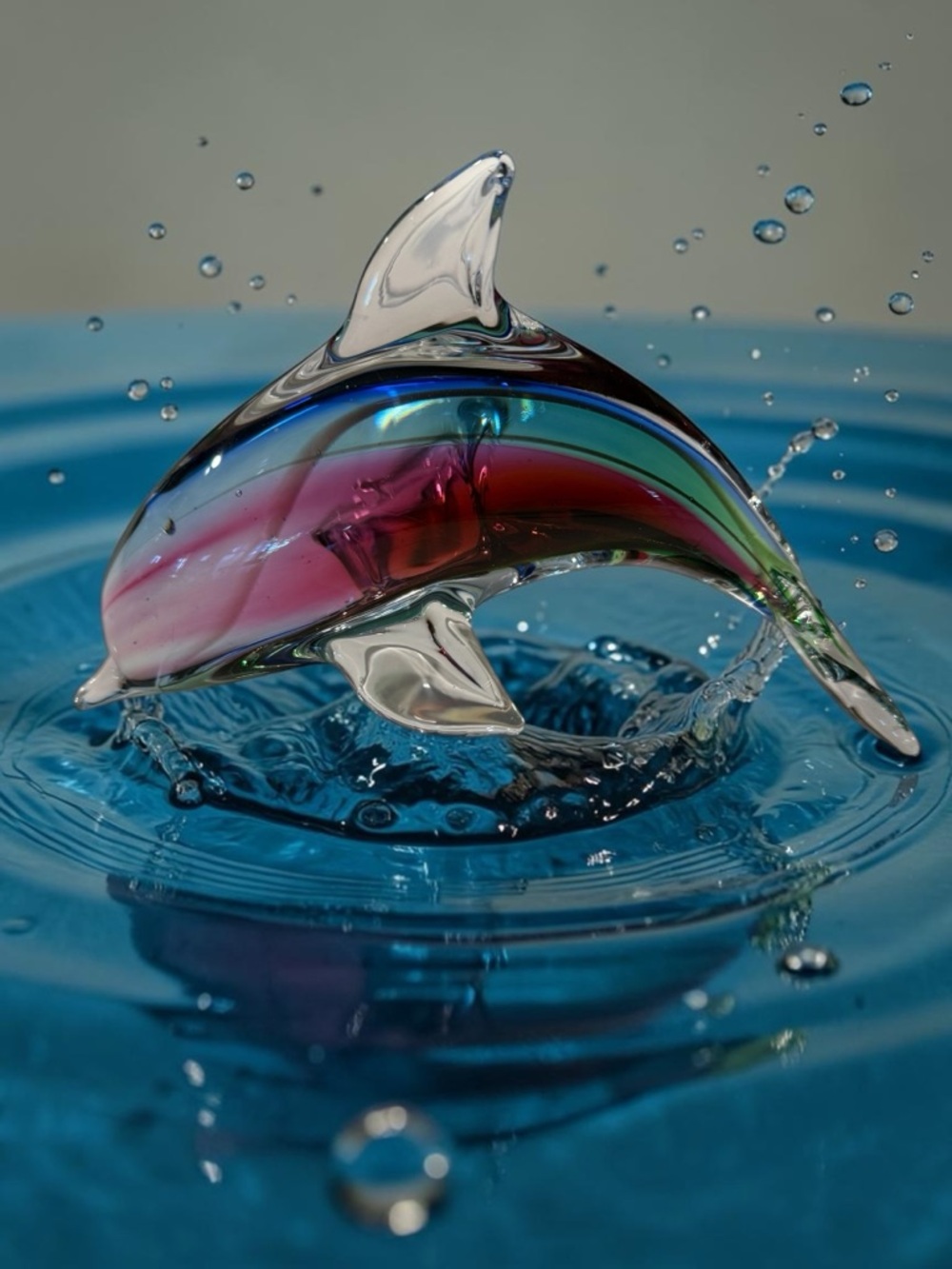 Murano Style Handblown Glass Dolphin Figurine in Blue, Pink, Green